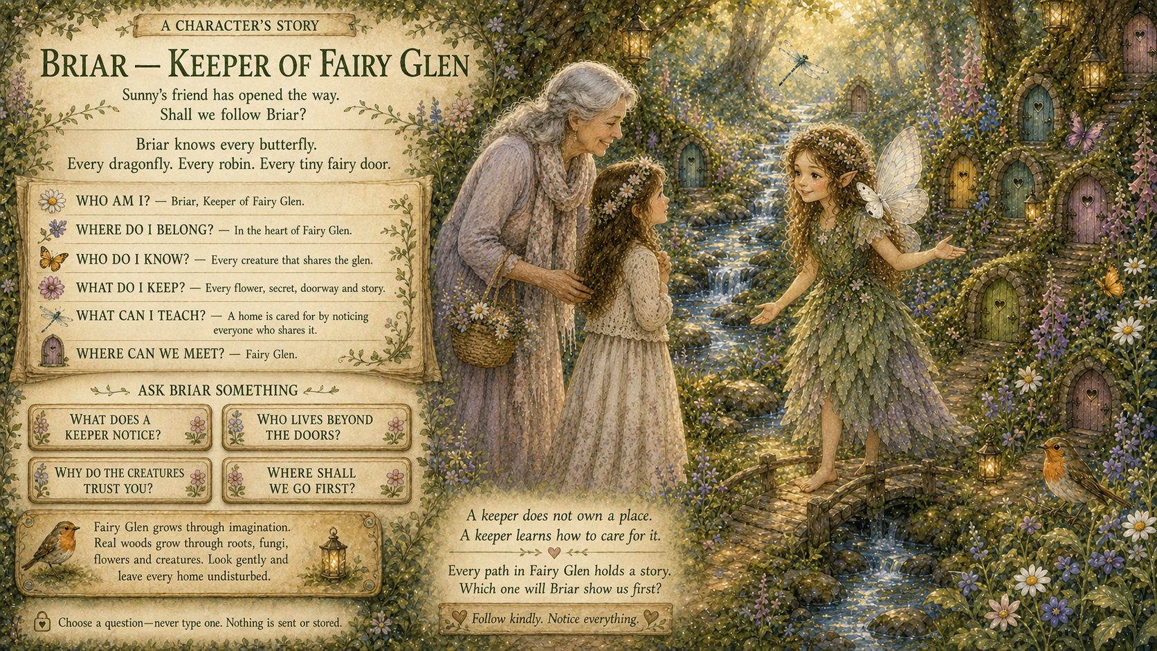Briar, Keeper of Fairy Glen, among woodland flowers and tiny doors