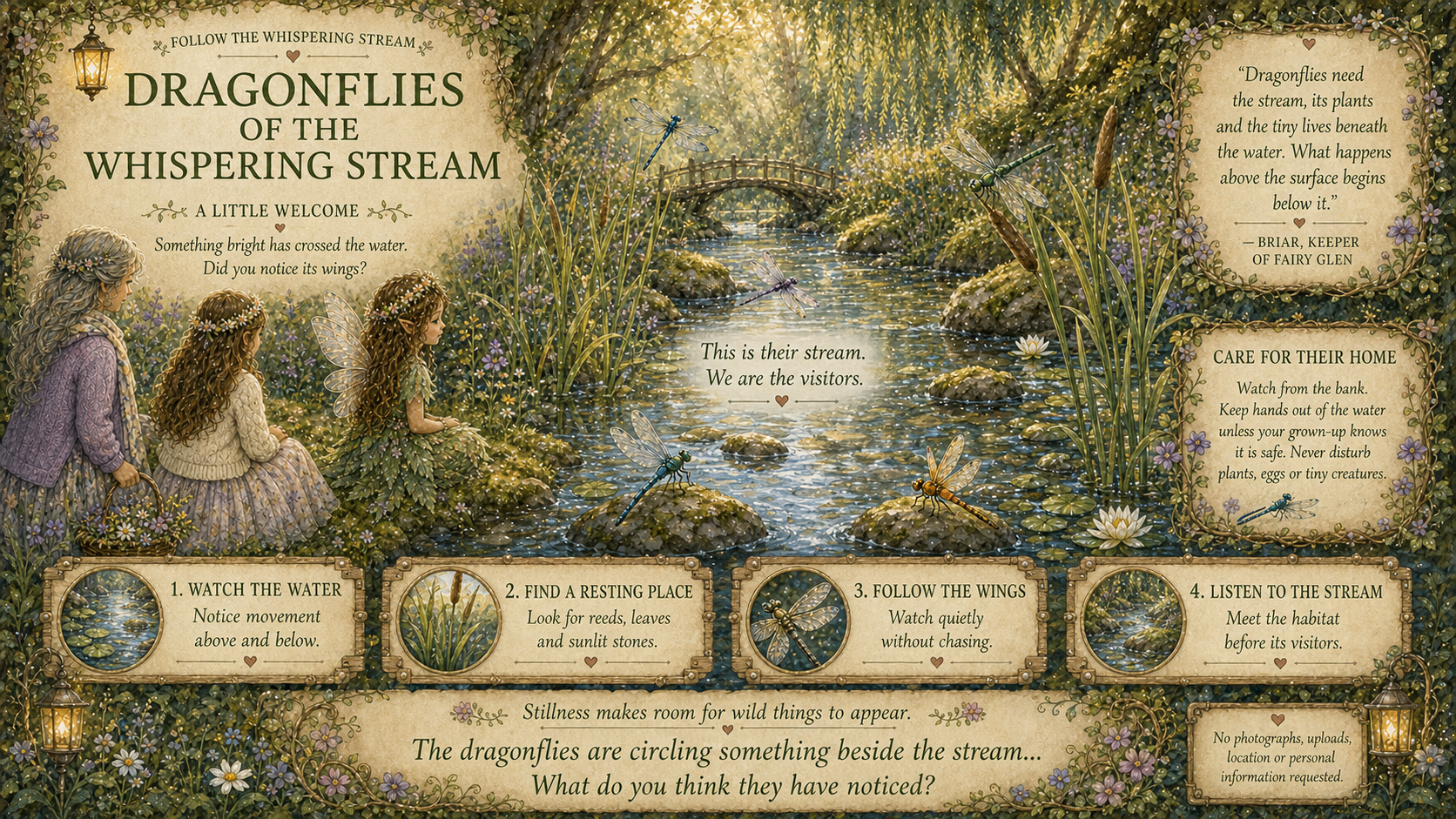 Little Keeper, her grown-up and Briar quietly watching dragonflies beside the Whispering Stream